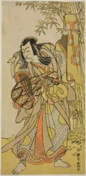 Näyttelijä Ichikawa Danjuro V Kazusa no Akushichibyoe Kagekiyo naamioituneena sokeaksi hovimuusikoksi (Kengyo) näytelmässä Edo Meisho Midori Soga, joka esitettiin Morita-teatterissa neljäntenä kuukautena vuonna 1779.
