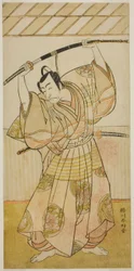 Näyttelijä Ichikawa Danjuro V roolissa Taira no Munekiyo () näytelmästä Kitekaeru Nishiki no Wakayaka (), esitetty Nakamura-teatterissa () yhdentenätoista kuukautena vuonna 1780 ().