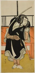 Näyttelijä Nakamura Nakazo I roolissa Aso no Matsuwaka () näytelmässä Iro Moyo Aoyagi Soga (), joka esitettiin Nakamura-teatterissa () toisena kuukautena vuonna 1775 ().