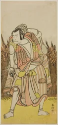 Näyttelijä Nakamura Nakazo I Hachiman Taro Yoshiien () roolissa näytelmässä Oshu Adachi ga Hara (), joka esitettiin Nakamura-teatterissa () neljäntenä kuukautena vuonna 1775 ().