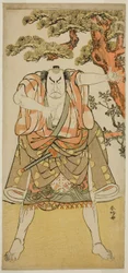 Näyttelijä Nakamura Nakazo I Yakko Nakahei naamioituneena Miura Arajiroksi () näytelmästä Ise Heishi Eigo no Koyomi (), joka esitettiin Ichimura-teatterissa () yhdentenätoista kuukautena vuonna 1782 ().