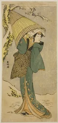 Näyttelijä Nakamura Riko I Kiyotakin roolissa näytelmässä Oakinai Hiru ga Kojima, joka esitettiin Nakamura-teatterissa yhdentenätoista kuussa vuonna 1784.