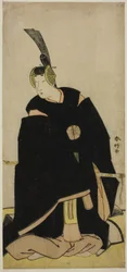 Näyttelijä Nakamura Tomijuro I kuin Taira no Masakado naamioituneena Otomo no Kuronushiksi () tai Sugawara Micihizaneksi () näytelmässä Shida Yuzuriha Horai Soga () tai Sugawara Denju Tenarai Kagami (), joka esitettiin Morita-teatterissa () ensimmäisessä t