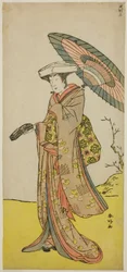 Näyttelijä Nakayama Kojuro VI Chinzei Hachiro Tametomo naamioituneena Lady Hotokeksi (Hotoke Gozen) näytelmässä Yukimotsu Take Furisode Genji, joka esitettiin Nakamura-teatterissa yhdentenätoista kuukautena vuonna 1785.