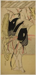 Näyttelijä Onoe Matsusuke I roolissa Yawata no Saburo () näytelmässä Edo no Hana Mimasu Soga (), joka esitettiin Nakamura-teatterissa () vuoden 1783 ensimmäisenä kuukautena ().