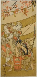 Näyttelijät Ichikawa Raizo II roolissa Kojiro Masahira (oikealla) ja Ichikawa Danzo IV roolissa Doi no Yataro (vasemmalla) näytelmässä Kaomise Ama no Iwato, joka esitettiin Nakamura-teatterissa yhdentenätoista kuukautena 1774.