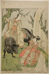 Näyttelijät Segawa Kikunojo III prinsessa Hatsunena (Hatsune Hime) (oikealla) ja Ichikawa Monnosuke II Miyukinosuke Yukinarina näytelmässä Otokoyama Furisode Genji, joka esitettiin Kiri-teatterissa yhdentenätoista kuukautena 1785.