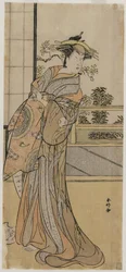 Arashi Murajiro kurtisaanina, jolla on kirje, 1780-luvun lopulla.