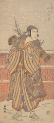 Matsumoto Sumezo miehenä talviasussa seisovana lumessa, n. 1785-90.