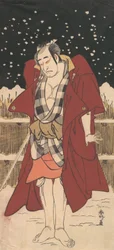 Onoe Matsusuke miekalla aseistettuna miehenä seisomassa lumessa aidan edessä, 1786.