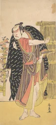Kolmas Otani Hiroji samuraina seisomassa lähellä korkeaa aitaa, n. 1785.