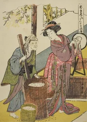 Kuudes näytös: Yoichibein talo näytelmästä Chushingura (Uskollisten pidättäjien valtiovarainministeriö), n. 1779–1780 (värillinen puupainatus; chuban)