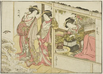 Nakaomiyan kurtisaanit kirjasta "Mirror of Beautiful Women of the Pleasure Quarters (Seiro bijin awase sugata kagami)", voi. 2