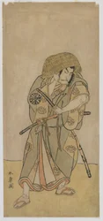 Kabuki-näyttelijä Nakamura Nakazo I naamioituneena samuraina, Edo-kausi, 1770-luvun puoliväli (värillinen puupainatus)