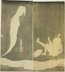 Mies putoaa taaksepäin naisen haamun säikäyttämänä joen yli, noin 1782 (värillinen puupiirros; hosoban-diptyykki).