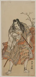 Nakajima Kanzaemon Lordina naamioitunut Metsästäjäksi kiväärin kanssa, n. 1780-luvun alku.