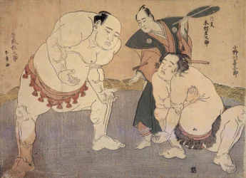 Onagawa Kisaburo ja Tanikaze Kajinosuke suorittavat Shirikin Dohyossa, tuomarina Kimura Shonosuke.