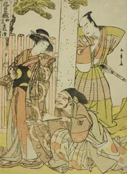 Kohtaus Tsurugaoka Hachiman-pyhäkössä Chushinguran yhdestä näytöksestä (neljäkymmentäseitsemän uskollisen säilyttäjän aarre), sarjasta Chushingura Juichimai-Tsuzuki (Chushinguraa kuvaava yksitoista arkkia), c. 1770-luvun loppu (värillinen puupainatus; chub