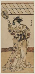 Segawa Kikunojo II painiottelun erotuomarina, n. 1770-luvun lopulla.