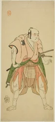 Näyttelijä Bando Sampachi I Yawata no Saburona (?) näytelmässä Shuen Soga Omugaeshi (?), joka esitettiin Ichimura-teatterissa (?) toisessa kuussa, 1768 (?)