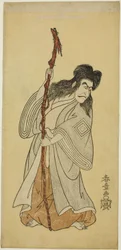 Näyttelijä Ichikawa Danjuro IV mahdollisesti Tenjiku Tokubeina näytelmässä "Tenjiku Tokubei kääntää ruorin kohti kotia (Tenjiku Tokubei Kokyo no Torikaji)," esitettiin Nakamura-teatterissa kahdeksantena kuukautena vuonna 1768.