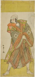 Näyttelijä Ichikawa Danjuro vs Prinssi Koretaka Kuriiri Izutsu Chujiksi naamioitunut näytelmässä Yamato Kano Ariwara Keizu, joka esitettiin Nakamura-teatterissa viidentenä kuukautena,
