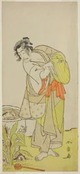 Näyttelijä Ichikawa Danjuro V: Soga no Dozaburo (?) näytelmässä Shida Yuzuriha Horai Soga (?), joka esitettiin Morita-teatterissa (?) ensimmäisenä kuukautena, 1775 (?)