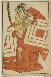Näyttelijä Ichikawa Danjuro V Watanabe Kiou Takiguchina (?) näytelmässä Nue no Mori Ichiyo no Mato (?), joka esitettiin Nakamura-teatterissa (?) yhdestoista kuukaudessa, 1770 (?)