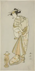 Näyttelijä Ichikawa Danjuro V munkki Seigenin hengen roolissa Shosagoto-tanssisarjassa "Sono Utsushi-e Matsu ni Kaede" (Varjokuva männystä ja vaahterasta), Keisei Momiji no Uchikake -näytelmän toisen osan viimeisessä kohtauksessa. Courtesaani ylikimonossa