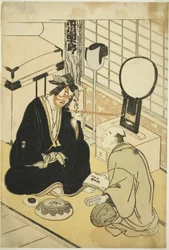 Näyttelijä Ichikawa Danjuro V pukuhuoneessaan