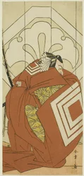 Näyttelijä Ichikawa Danjuro V "Shibaraku"-roolissa, luultavasti Kato Hyoeisa Shigemitsu, kolmannessa kohtauksessa näytelmässä Masakado Kammuri no Hatsuyuki (Ensimmäinen lumi Taira no Masakadon hovin päähineessä), joka esitettiin Nakamura-teatterissa yhdest