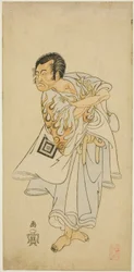 Näyttelijä Ichikawa Danzo III pyhänä erakkona Narukamin roolissa näytelmässä "Narukami", joka esitettiin "Miyakodori Azuma Komachin (pääkaupungin lintu: idän komachi)" kanssa Morita-teatterissa kolmantena kuukautena, 1768.