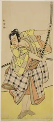 Näyttelijä Ichikawa Yaozo II Sakura-maruna näytelmässä Sugawara Denju Tenarai Kagami, esitettiin Ichimura-teatterissa seitsemäntenä kuukautena, 1776