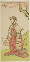 Näyttelijä Iwai Hanshiro IV prinsessa Sakurana (Sakura Hime) näytelmässä Wada Sakamori Eiga Kagami, esitettiin Nakamura-teatterissa kolmannessa kuukaudessa, 1773