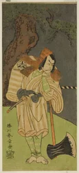 Näyttelijä Matsumoto Koshiro II Osada no Taro Kagemunena naamioitunut puunhakkaajaksi Gankutsu no Gorozoksi näytelmässä Nue no Mori Ichiyo no Mato, esitettiin Nakamura-teatterissa yhdestoista kuukaudessa, 1770