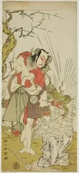 Näyttelijä Nakamura Juzo II Yushichina (?) näytelmässä Keisei Momiji no Uchikake (?), joka esitettiin Morita-teatterissa (?) seitsemännessä kuussa, 1772 (?)