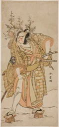 Näyttelijä Nakamura Nakazo I Matano no Goron roolissa näytelmässä Hana-zumo Genji Hiiki, esitettiin Nakamura-teatterissa yhdestoista kuukaudessa, 1775