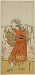 Näyttelijä Nakamura Nakazo I Nagasaki Kageyuzaemonina naamioitunut Gorohachi-sakemyyjäksi näytelmässä Hikitsurete Yagoe Taiheiki, joka esitettiin Morita-teatterissa yhdestoista kuukaudessa, 1776
