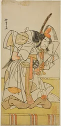 Näyttelijä Nakamura Nakazo I prinssi Takahirona näytelmäpäivämäärässä Nishiki Tsui no Yumitori, esitettiin Morita-teatterissa yhdestoista kuukaudessa, 1778