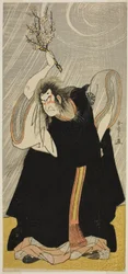 Näyttelijä Nakamura Nakazo I ukkosenjumalana, Kan Shojon ruumiillistumana, näytelmässä Sugawara Denju Tenarai Kagami, joka esitettiin Morita-teatterissa vuoden 1780 kolmantena kuukautena