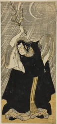 Näyttelijä Nakamura Nakazō I ukkosenjumalana, Kan Shōjōn ruumiillistumana, näytelmässä ”Sugawara Denju Tenarai Kagami”, joka esitettiin Morita-teatterissa vuoden 1780 kolmantena kuukautena