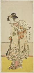 Näyttelijä Nakamura Noshio I Oiso no Torana (?) näytelmässä Shida Yuzuriha Horai Soga (?), joka esitettiin Morita-teatterissa (?) ensimmäisenä kuukautena, 1775 (?)