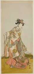 Näyttelijä Nakamura Noshio I prinsessa Usuyuki (Usuyuki Hime) näytelmässä "Shin Usuyuki Monogatari", joka esitettiin Morita-teatterissa viidennessä kuussa 1774