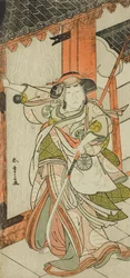 Näyttelijä Nakamura Tomijuro I Hangaku Gozenina murtamassa porttia näytelmässä Wada-gassen Onna Maizuru (Wadan konflikti: Naisen Maizuru), esitetty Nakamura-teatterissa seitsemännen kuukauden 25. päivästä alkaen.