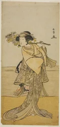 Näyttelijä Nakamura Tomijuro I naaraskettuna Ubagadaken vuorelta näytelmässä Chigo Torii Tobiiri Kitsune, esitettiin Ichimura-teatterissa yhdestoista kuukaudessa, 1777