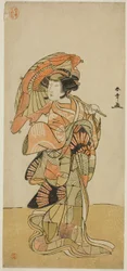Näyttelijä Nakamura Tomijuro I naaraskettuna Ubagadaken vuorelta näytelmässä "Chigo Torii Tobiiri Kitsune", joka esitettiin Ichimura-teatterissa 11. kuussa 1777