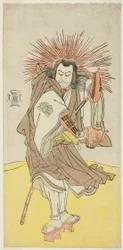 Näyttelijä Nakayama Kojuro VI Osada no Taro Kagemunena (todellisuudessa Hatcho Tsubute no Kiheiji) Gionin pyhäkön lampunvalvojan roolissa näytelmän Yukimotsu Take Furisode Genji (Lumipeitteinen bambu: Genji pitkissä hihoissa) kolmannen näytöksen ensimmäise