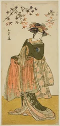 Näyttelijä Nakayama Tomisaburo I Geisha Yukinona (vai Oyukina?) näytelmässä Kabuki no Hana Bandai Soga, esitettiin Ichimura-teatterissa neljännessä kuukaudessa, 1781