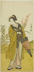 Näyttelijä Otani Tomoemon I Otsuman roolissa näytelmässä Kabuki no Hana Bandai Soga, esitettiin Ichimura-teatterissa neljännessä kuukaudessa, 1781