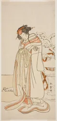 Näyttelijä Segawa Kikunojo III kurtisaani Kisewata (Tagasode) (?) näytelmässä Hana-zumo Genji Hiiki (?), joka esitettiin Nakamura-teatterissa (?) yhdestoista kuukaudessa, 1775 (?)